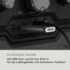 Close-up view of the input ports and controls of a karaoke machine, with text describing its features. Produktbild-Vorschau