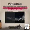 A split screen showing a comparison between a 'Non Perfect Black Display' and a 'Perfect Black Display' on an LG OLED TV, set in a modern living room. Produktbild-Vorschau