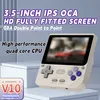 A handheld gaming console is displayed on a minimalist stand with promotional text overlayed. Produktbild-Vorschau