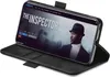 A black flip-style phone case is open, displaying a smartphone with a movie poster on its screen. Produktbild-Vorschau