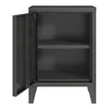 A dark gray metal nightstand with one door open, revealing two shelves inside. The nightstand is shown from the front, with the door on the left side. Náhled obrázku produktu