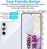 A marketing image showing a phone screen protector and camera lens protector with measurements and text explaining its case-friendly design. Produktbild-Vorschau