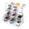 A clear plastic storage box with multiple compartments, each containing a small toy car. Produktbild-Vorschau