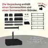 The image shows the contents of a package for a parasol and stand, with various parts laid out. Produktbild-Vorschau
