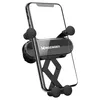 A black gravity phone holder with a smartphone mounted in it, shown against a white background. Produktbild-Vorschau