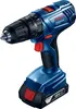 A studio shot of a blue Bosch cordless drill with a black chuck and battery pack. Voir les images du produit