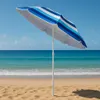A striped beach umbrella stands on a sandy beach with the ocean and sky in the background. Náhled obrázku produktu