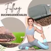 A woman is doing yoga next to a yoga bolster filled with buckwheat hulls. There are also hands holding buckwheat hulls. Produktbild-Vorschau