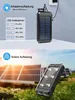 A collage showing a solar power bank being charged via an adapter and then in an outdoor setting with solar panels. Produktbild-Vorschau