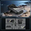 A rugged smartphone is displayed on a rocky, outdoor terrain, with smaller inset images showcasing different angles and features of the phone. Produktbild-Vorschau