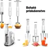Collage showing various attachments and uses of a white hand blender. Náhľad obrázku produktu