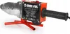 A red and silver pipe welding machine with a black handle, resting on a red stand. Náhľad obrázku produktu