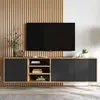 A modern TV stand with a wall-mounted TV above it, set against a slatted wooden wall. Produktbild-Vorschau