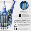 A close-up of a colorful striped hammock chair with text overlays describing its features. Náhľad obrázku produktu