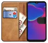 A book-style phone case with a phone, cards, and banknotes inside. Produktbild-Vorschau