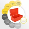A red wooden box with its lid open, surrounded by circular callouts describing its features and specifications. Produktbild-Vorschau