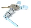 A silver-colored cam lock with two keys on a white background. Produktbild-Vorschau