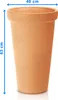 A tall, round terracotta planter pot with dimensions indicated by blue arrows and text. Náhľad obrázku produktu