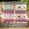 Four decorative pillows arranged in a 2x2 grid, with a stone wall and foliage in the background. Produktbild-Vorschau