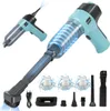 A product shot of a cordless handheld vacuum cleaner and its accessories, presented on a white background with illustrative graphics. Produktbild-Vorschau