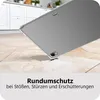 A transparent tablet case is shown on a wooden floor, with a kitchen in the background. Text is overlaid at the bottom. Produktbild-Vorschau