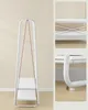 A white metal coat rack with two shelves and three inset images showing details of the product. Náhled obrázku produktu