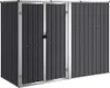 A dark gray metal shed with silver trim and double doors. Náhled obrázku produktu