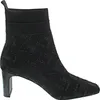 A black knitted ankle boot with a geometric pattern and a block heel, shown from the side against a white background. Produktbild-Vorschau