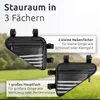 Two black bicycle frame bags are shown against a blurred outdoor background. Text overlays describe the features of the bags. Produktbild-Vorschau