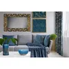 A living room scene with a sofa, mirror, artwork, and curtains. Produktbild-Vorschau