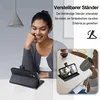 A woman is using a phone case with a stand feature while on a video call. Another image shows a phone in the case on a table. Produktbild-Vorschau