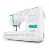 A white and turquoise Medion sewing machine is shown against a white background. Produktbild-Vorschau