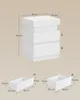 Diagrams showing the dimensions of a white nightstand with drawers. Produktbild-Vorschau