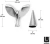 A silver bird-shaped bottle opener and its cone-shaped stand are shown with dimensions indicated by measurement lines and text. Podgląd zdjęcia produktu