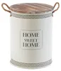 A white metal laundry bin with a wooden lid and rope handles, featuring the text "HOME SWEET HOME". Náhled obrázku produktu