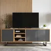 A modern TV stand with a television on top, set against a slatted wooden wall. Produktbild-Vorschau
