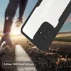 A person running in the background, with a phone case in the foreground falling onto a cracked surface. Produktbild-Vorschau