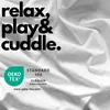 A white fabric background with black text and a green OEKO-TEX logo. Produktbild-Vorschau