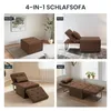 A collage of four images showing a brown convertible sofa in different configurations: as a stool, a chair, a lounge chair, and a bed. Náhled obrázku produktu