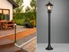A split image showing a house with a deck and garden on the left, and a black lamppost on a gray background on the right. Produktbild-Vorschau