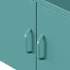 A close-up view of two handles on a teal cabinet. Voir les images du produit
