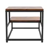 A two-tiered shelf unit with a wood-grain finish and black metal frame, presented against a white background. Podgląd zdjęcia produktu
