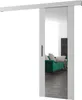 A sliding door with a mirror is shown against a white background. A green sofa is reflected in the mirror. Produktbild-Vorschau