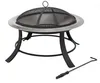 A black and silver fire pit with a mesh screen lid and a poker tool on a white background. Produktbild-Vorschau