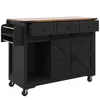 A black kitchen island with a wooden top, featuring sliding barn doors and drawers, shown on a white background. Náhľad obrázku produktu