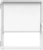 A white roller blind is shown installed on a white window frame. Produktbild-Vorschau