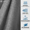 A close-up of a gray fabric with informational icons and text on the right side. Produktbild-Vorschau
