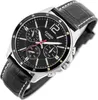 A close-up studio shot of a men's Casio watch with a black dial and black leather strap. Anteprima dell’immagine prodotto