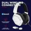 A white and black gaming headset with a wireless dongle, presented against a dark blue background with text and icons highlighting its features. Produktbild-Vorschau