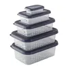 A stack of five clear plastic food storage containers with dark blue lids, arranged in descending size from bottom to top. Produktbild-Vorschau